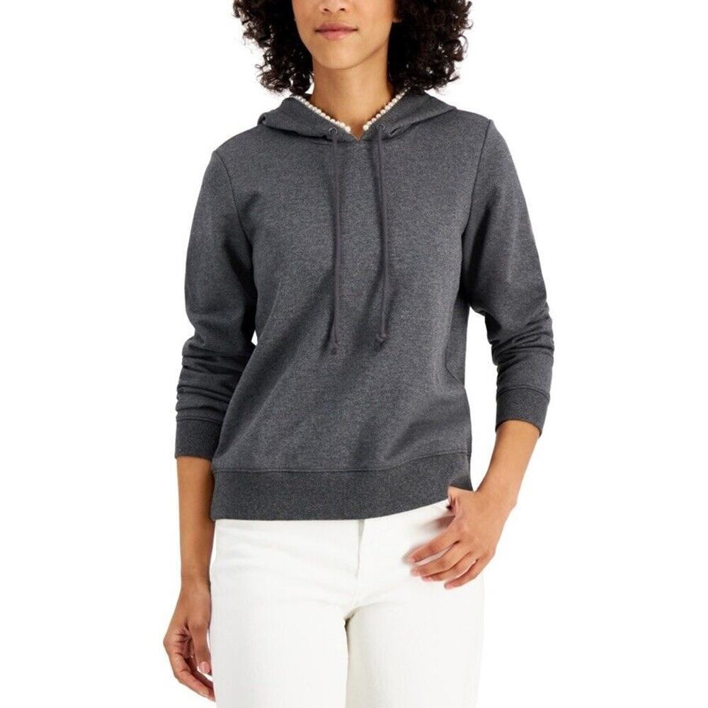 Charter Club Embellished Hoodie Large Charcoal Pullover Drawstring NWT